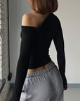Chic Black Long Sleeve T-Shirt with Asymmetrical Design