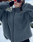 Stylish Gray Fleece Stand Collar Jacket for Women
