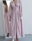 Elegant V-Neck Lantern Sleeve Dress