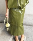 Elegant PU Leather Midi Skirt with Slit
