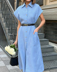 French Style High Waist Blue Cotton Linen Dress