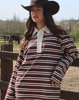 Spring Loose Striped Polo Neck Long Sleeve Top