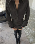 Chic Brown Collar Long Sleeve Shirt and Skirt Set
