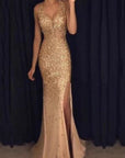 New V-Neck Long Dress with Gold Foil Design