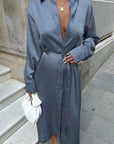 Elegant Blue Satin Shirt Dress for Women