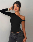 Trendy One-Shoulder Black Long Sleeve Top