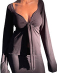 Knot Front Long Sleeve V-Neck Top