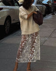 Summer Sequined Lace Midi Skirt with Slit