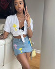 High Waist Denim Fringe Skirt with Embroidery