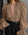 French Jacquard Puff Sleeve Shirt for Casual Style