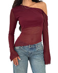 Fashionable Casual Sheer Shoulder Long Sleeve Top