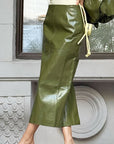 Elegant PU Leather Midi Skirt with Slit
