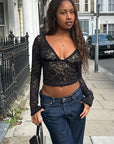 Chic Lace V-Neck Sheer Top for Fall