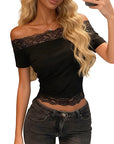 Lace Trim Off-Shoulder Slim Fit Top
