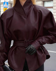 Vintage Burgundy PU Leather Jacket with Belt