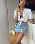 High Waist Denim Fringe Skirt with Embroidery