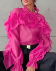 French Style Summer Sheer Collar Blouse with Ruffles