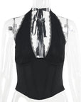 Sexy Deep V Neck Black Halter Top for Women