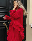 Red Ruffled A-Line Dress with Lantern Sleeves