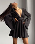 Elegant French Satin Long Sleeve Dress with V-Neck