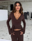 Casual V-Neck Long Sleeve Top and Pants Set