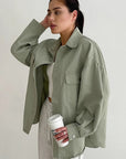 Autumn Casual Green Lapel Jacket for Women