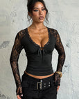 Lace Panel V-Neck Long Sleeve Top