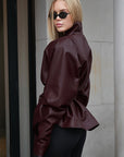 Vintage Burgundy PU Leather Jacket with Belt