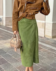 Avocado Green Suede Midi Skirt for Women
