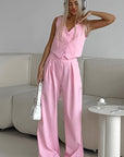 Spring Pink Sleeveless Vest and Wide Leg Pants Set