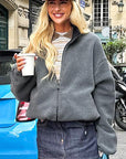 Stylish Gray Fleece Stand Collar Jacket for Women