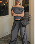 Chic Gray Strapless Two-Piece Suit Set