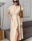 French Style High Waist Blue Cotton Linen Dress