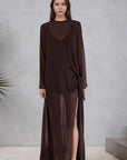 Brown Mesh Design Long Sleeve Dress with Bow Tie