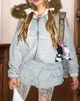 Black Hooded Sweatshirt with Fur Collar for Women