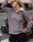 V-Neck Color Block Striped Long Sleeve T-Shirt
