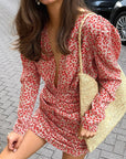 French Vintage Floral Deep V Long Sleeve Dress