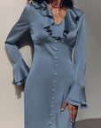 Spring French Blue Satin Dress with Ruffles