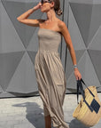 Elegant Strapless A-Line Dress in Khaki