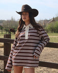 Spring Loose Striped Polo Neck Long Sleeve Top