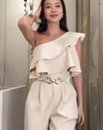 New Elegant Beige Ruffled One-Shoulder Jumpsuit