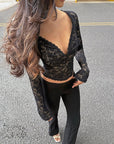 Chic Lace V-Neck Sheer Top for Fall