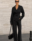 French Design Waist-Tie Long Sleeve Pants Set