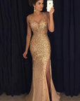 New V-Neck Long Dress with Gold Foil Design