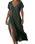 Loose Solid Color V-Neck Short Sleeve Dress