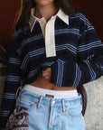 Spring Loose Striped Polo Neck Long Sleeve Top