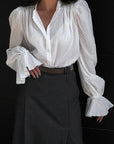 French Jacquard Puff Sleeve Shirt for Casual Style