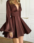 Elegant French Satin Long Sleeve Dress with V-Neck