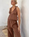 Chic Brown Cotton Linen Two-Piece Set