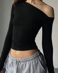 Chic Black Long Sleeve T-Shirt with Asymmetrical Design